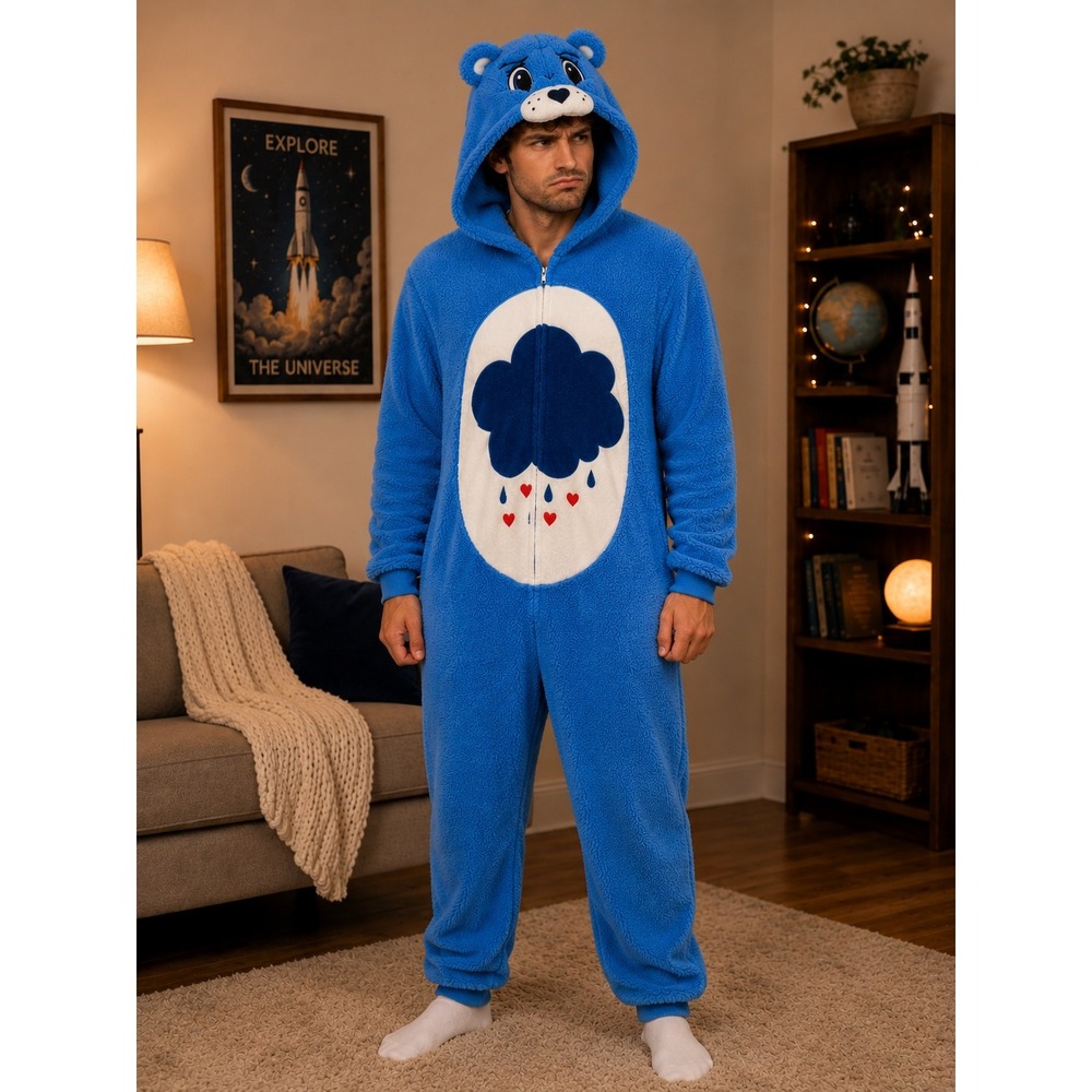Care Bears Grumpy One Piece Men Medium Blue Grumpy Bear Fleece Halloween Costume